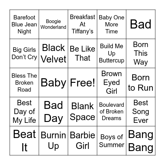 B Songs Bingo Card