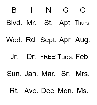 ABBREVIATIONS Bingo Card