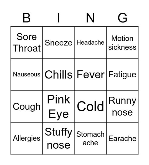 My Body Sends Signals: Sick Bingo Card