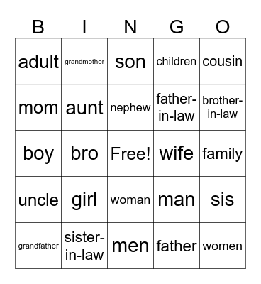 MVALP Family vocabulary Bingo Card