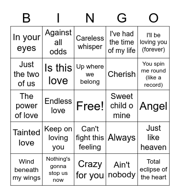 LOVE SONGS FROM THE 80S Bingo Card