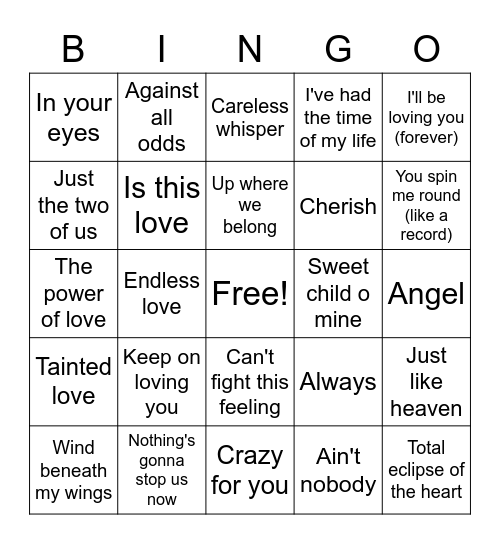 LOVE SONGS FROM THE 80S Bingo Card