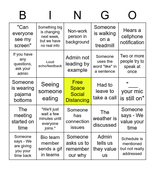 Staff Meeting Bingo Card