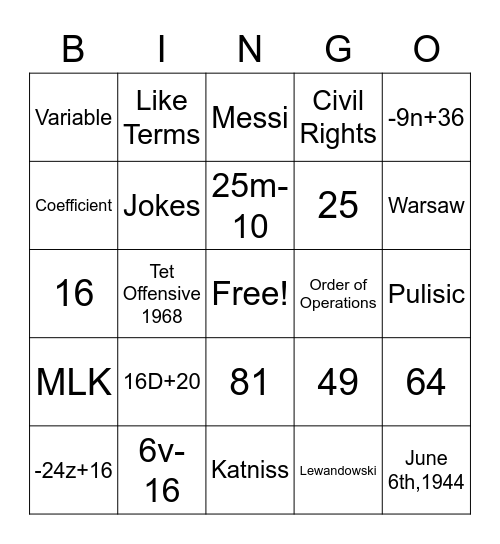 Math Bingo Card