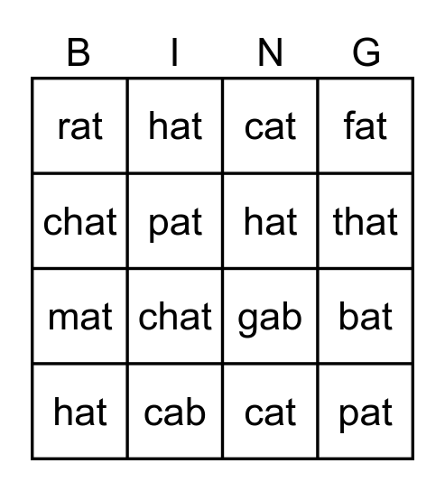 Word Families Bingo Card