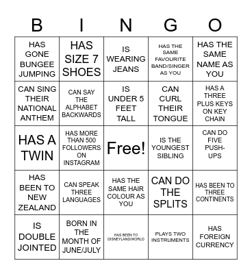 EXCHANGE WELCOME PARTY Bingo Card