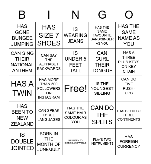 EXCHANGE WELCOME PARTY Bingo Card