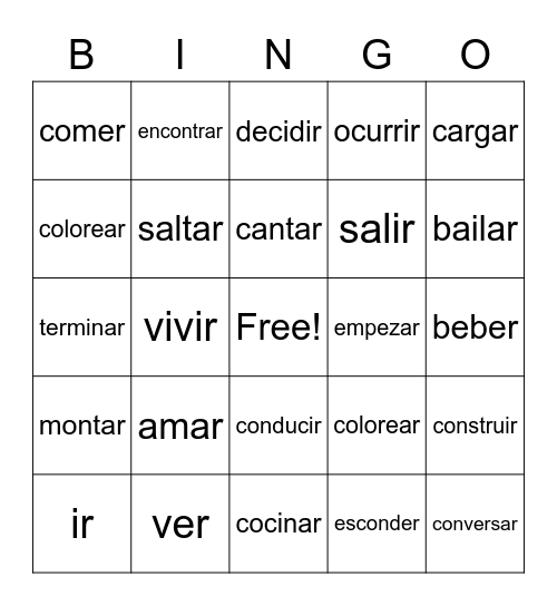 Verbos Bingo Card