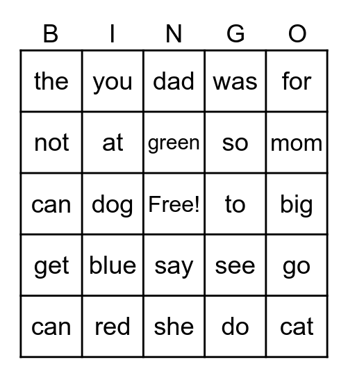 sight words Bingo Card
