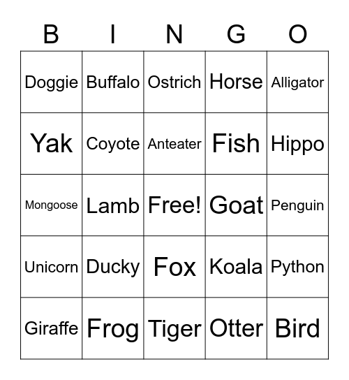 Animal Bingo Card