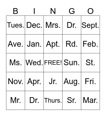 ABBREVIATIONS Bingo Card