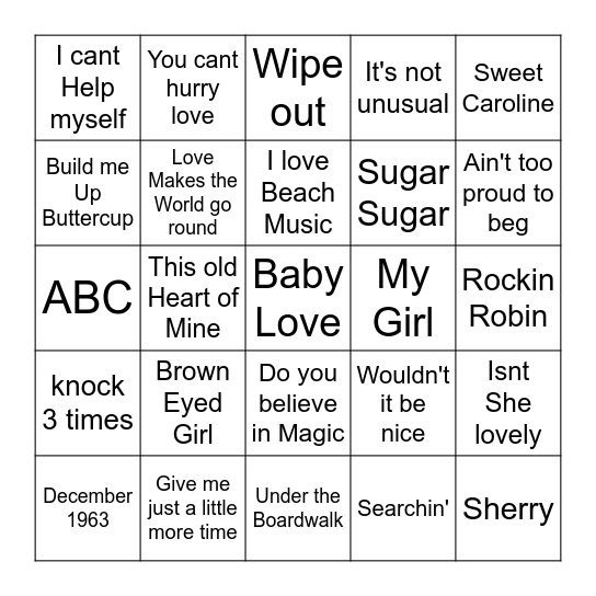 Beach Music Bingo Card