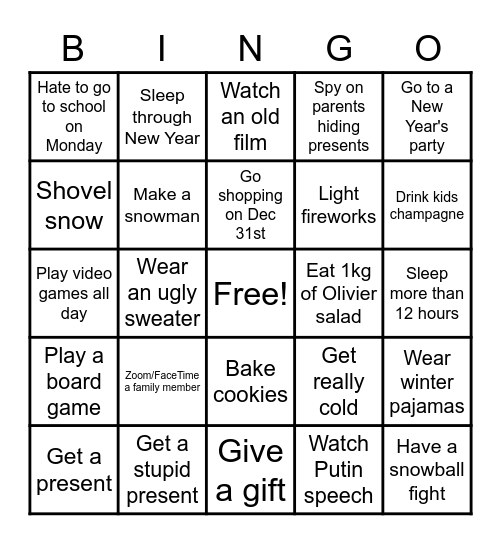 Winter Break Bingo Card