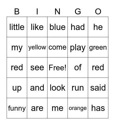 Sight Word Bimgo Bingo Card