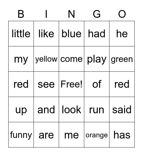 Sight Word Bimgo Bingo Card