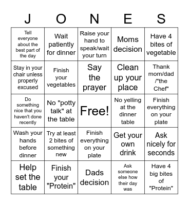 Dinner Time Bingo Card