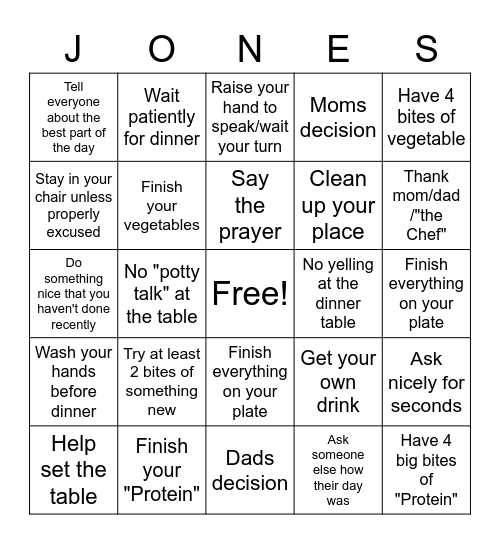 Dinner Time Bingo Card