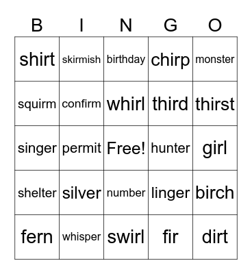 R-Controlled er/ir Bingo Card