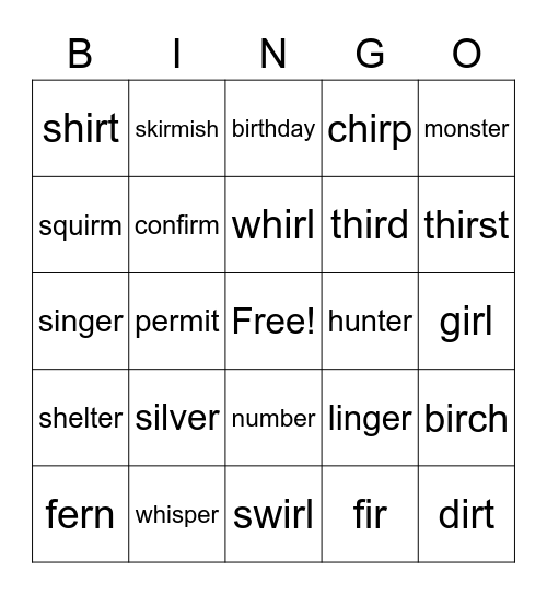 R-Controlled er/ir Bingo Card