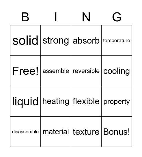 Unit 2 Science Bingo Card