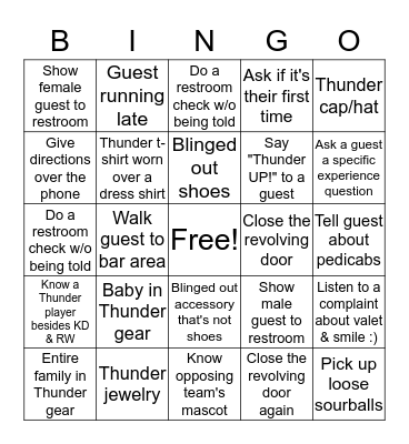 Host Stand Thunder Bingo Card
