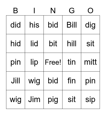 Short i Bingo Card