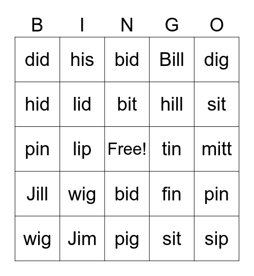 Short i Bingo Card