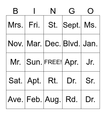 ABBREVIATIONS Bingo Card