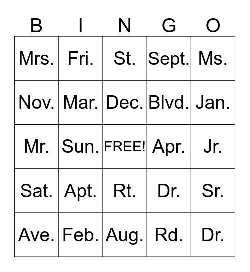 ABBREVIATIONS Bingo Card