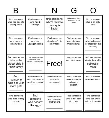 Find a Friend Bingo Card