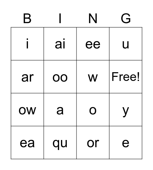 Vowels to Lesson 55 Bingo Card