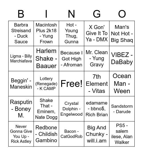 Meme Songs Bingo Card