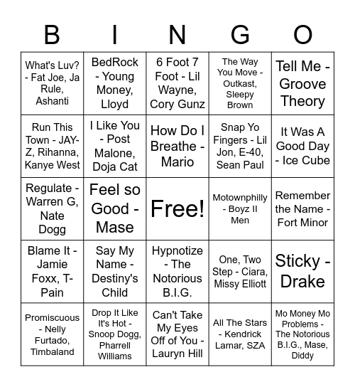 Rap & RnB Hits Bingo Card