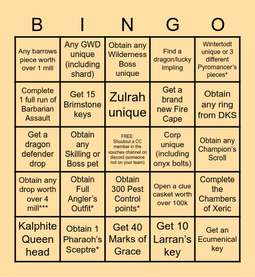 Old School RuneScape Bingo Card