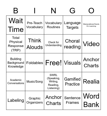 Scaffolding for English Learners Bingo Card