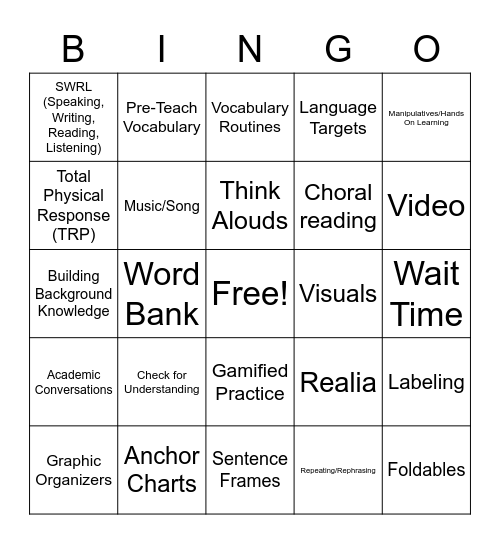 Scaffolding for English Learners Bingo Card