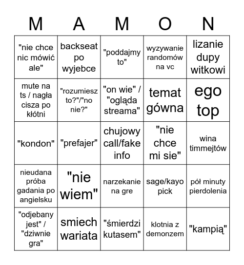 MAMM0N VALORANT BINGO by yungbono, zalecany reset co gierke Bingo Card