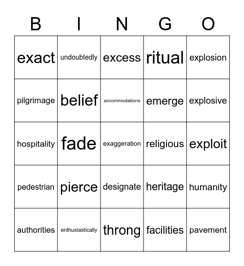 Review words for Final Bingo Card