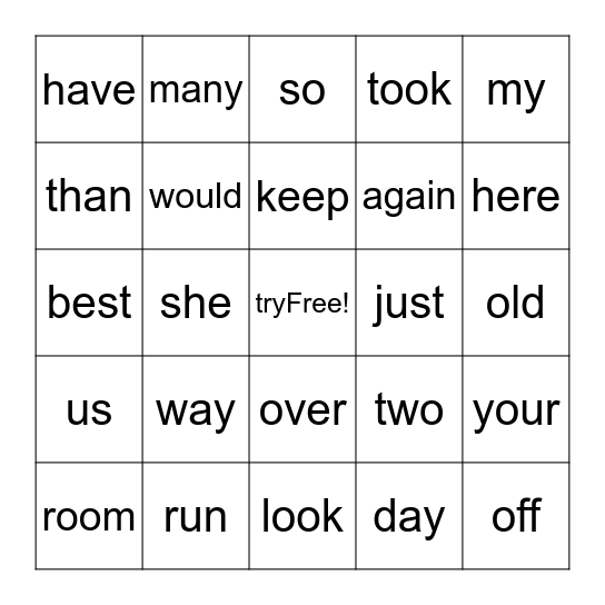 Heart Word Bingo Card