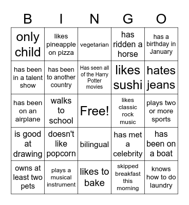 Classmate Bingo        Name: ______________ Bingo Card
