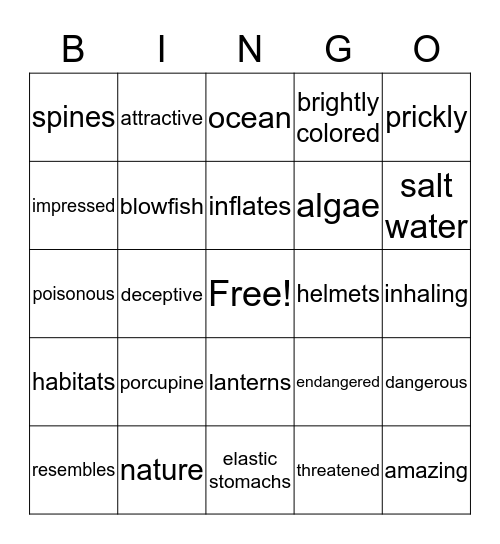 Porcupine Fish Bingo Card