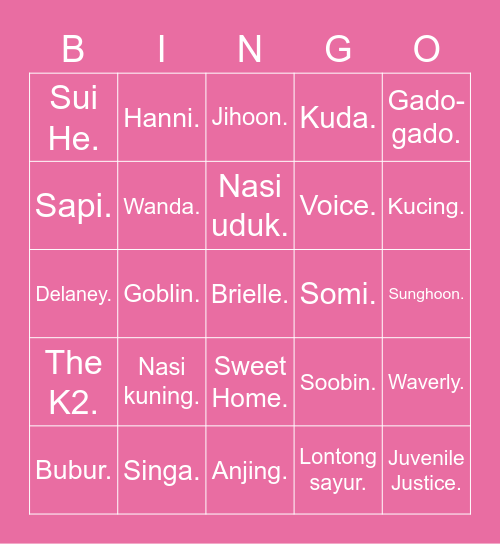 Sui He Bingo Card