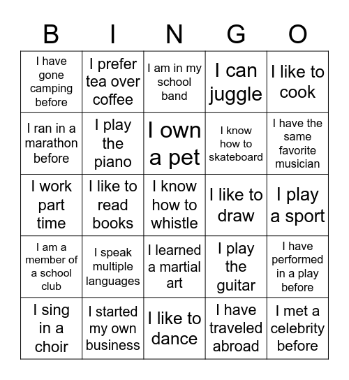 Get to Know You Bing Bingo Card