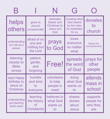 Christian Characteristics Bingo Card