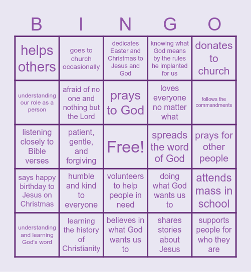 Christian Characteristics Bingo Card
