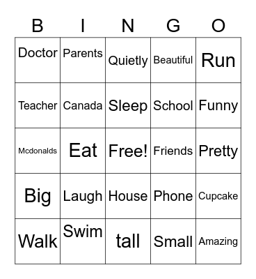 Verbs, Adjective, Nouns Bingo Card