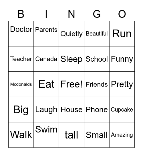 Verbs, Adjective, Nouns Bingo Card