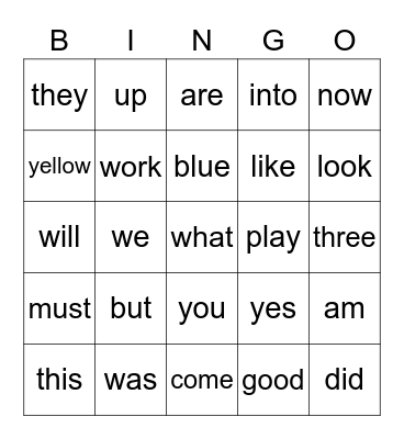 Sight Words Bingo Card