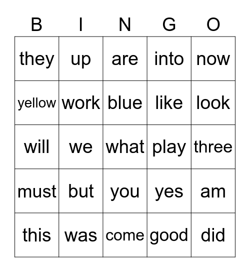 Sight Words Bingo Card