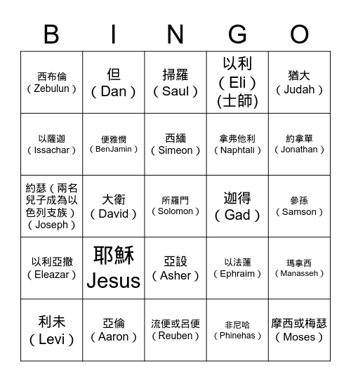 12 支派人物 + 先知 Bingo Card